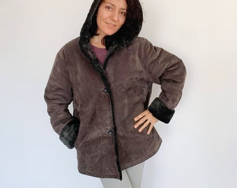Vintage 90s Taupe Suede Jacket with Hood Size L, Hooded Suede Leather Coat, Bulky Oversized Suede Coat, Faux Shearling Sherpa Overcoat Women