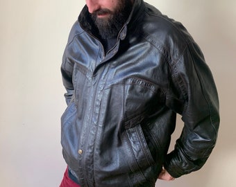 Vintage Brown Leather Bomber Jacket for Men, Zip Up Button Up Distressed Leather Jacket, Real Leather Biker Jacket, Leather Moto Jacket