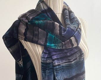 Vintage zijden fluwelen sjaal, elegante avondfluwelen sjaal, kobaltblauw turkoois zwart zilvergrijs nek sjaal, Art Deco lange velours wrap