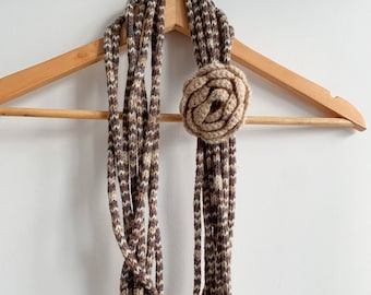 Unique Textile Cord Necklace, Beige Taupe Brown Grey Knitted Scarf Necklace, Handmade Crochet Flower Accessory, Chunky Layered Knit Jewelry