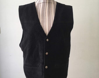Vintage 70s Black Suede Leather Vest With Pockets, Western Men's Vest Size M, Boho Hippie Waistcoat