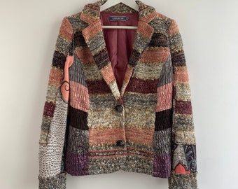 Colorful Knitted Blazer for Women Size S M, Vintage Y2K Boho Hippie Patchwork Wool Coat, Salmon Pink Burgundy Beige Short Autumn Jacket