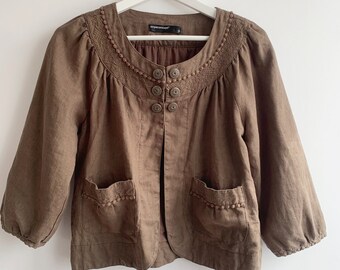 vintage boléro en lin marron taupe taille 38 M, blazer pur lin pour femme, manteau court en lin à manches 3/4, veste kimono en lin, haut en lin