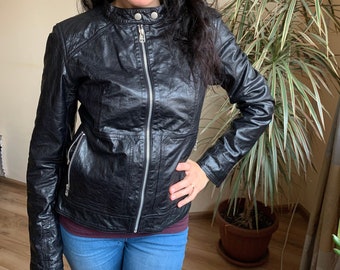 Vintage Soft Leather Motorcycle Jacket for Women Size 38 S M, Black Leather Jacket, Leather Biker Jacket with Pockets, Light Cropped Jacket