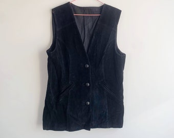 Black Suede Leather Vest for Women Size L XL, Vintage 80s Real Leather Vest, Plus Size Biker Riding Vest, Motorcycle Vest, Rocker Waistcoat
