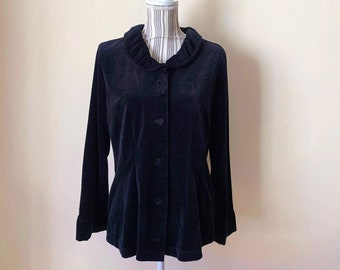 Vintage 80s Black Velvet Blazer for Women Size M, Button Up Velveteen Jacket, Unlined Velvet Coat, Peter Pan Collar Frilly Sleeves Coat