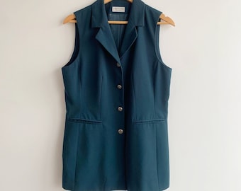 Turquesa azul azul verde sin mangas chaqueta blazer con cuello con muescas para mujer talla M L, chaleco de oficina de negocios elegante preppy de los años 90