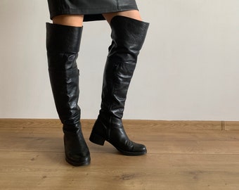 Vintage Overknee Reitstiefel für Frauen Größe 38 UK 5 US 7 1/2, Vintage schwarze Lederstiefel, Overknee flache Stiefel, Reiterstiefel