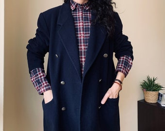 Vintage Oversized Boyfriend Blazer for Women Size 42 M, Dark Navy Blue Double Breasted Menswear Blazer, Classic Long Wool Cashmere Coat