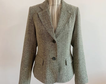 Blazer in tweed grigio da donna taglia 38 S/M, blazer fidanzato a spina di pesce vintage anni '90, cappotto minimalista a due bottoni, giacca autunnale dalla vestibilità rilassata