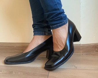 Vintage Black Heeled Chunky Loafers for Women, 90s Square Toe Leather Shoes, Block Heel Slip Ons, High Heel Mules, Y2K Pumps Size EUR 38