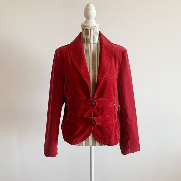 Vintage 90s Red Cotton Velvet Blazer for Women Size 40 L, Unlined Spring Fall 2 Button Velveteen Jacket, Slim Fit Corduroy Cropped Coat