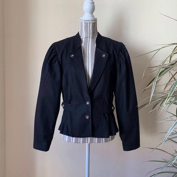 Vintage 80er Jahre Trachten Kurzer Wollmantel für Frauen Größe 40 M, Tiroler Bayerischer Schwarzer Wollblazer, Österreichische Dirndljacke