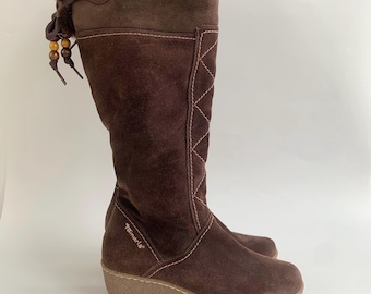 South Western Brown Suede Leather Boots by Tamaris EUR 38 UK 5 US 7.5, Ethnic Hippie Festival Low Wedge Platform Knee High Shearling Boots