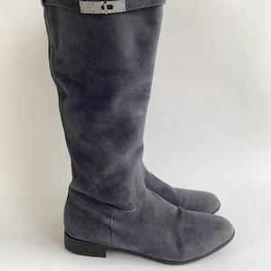 Y2K kniehoge laarzen met rits voor dames van Bata Maat 40 EUR UK 6 US 8, hoge grijze suède laarzen, platte leren laarzen, lage hak laarzen tot de knie