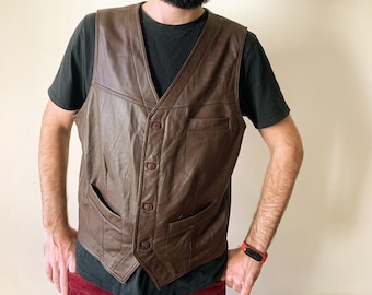 Vintage 80s Leather Vest for Men, Brown Real Leather Vest, Riding Vest, Biker Leather Vest, Motorcycle Vest, Rocker Waistcoat, Gift for Him