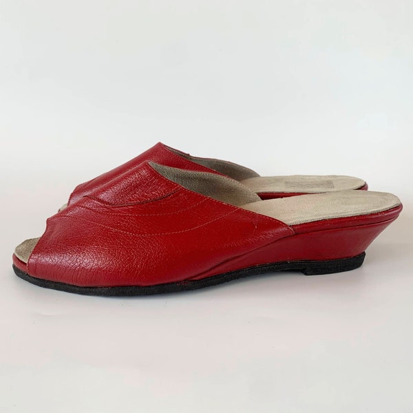 Vintage Red Leather Platform Sandals for Women Size 38, Casual Summer Low Wedge Slides, Open Toe Flat Slip On Shoes, Real Leather Mules