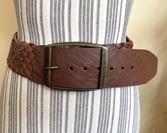 Cinturón de cuero tejido marrón caramelo para mujer, cinturón ancho estilo bohemio vintage de los años 90, cinturón de cuero trenzado estilo bohemio chic, cinturón hippie para festivales