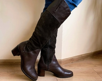 Vintage Brown Leather Boots for Women, Block Chunky Heel Boots, Knee High Boots, Suede Leather High Heel Boots, Tall Zipper Boots Size 38