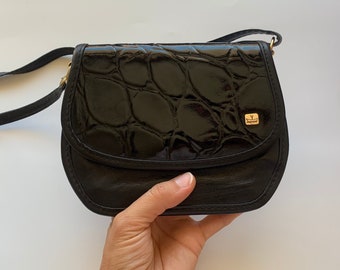 Small Black Crossbody Bag for Women, Vintage 80s Shoulder Purse, Genuine Leather Cross Over Purse, Patent Leather Cross Body Handbag