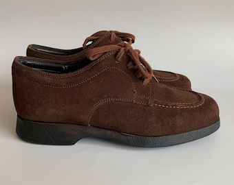 Vintage Lace Up Loafers for Women Size 37 US 6, UK 4, Suede Leather Oxford Shoes, Brown Leather Moccasins, 90s Italian Tie Up Slip On Flats