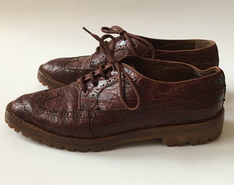 Vintage flache Leder Schnürschuhe, Damen Braune Lederschuhe, Italienische flache Lederschuhe, Damen Krawatte Oxford Schuhe Größe EUR 37, US 6 UK 4