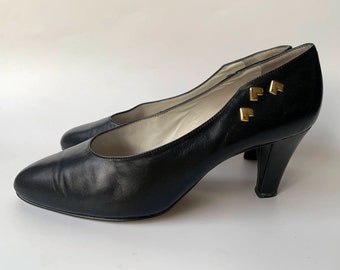 Zapatos de piel negros vintage de los años 80, talla 38, Reino Unido 5, EE. UU. 7, zapatos de tacón alto de piel auténtica para mujer, zapatos de tacón de aguja negros con punta puntiaguda