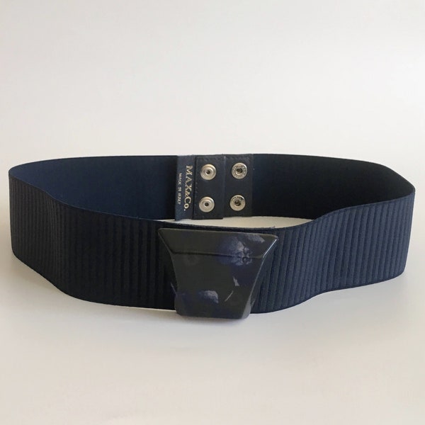 Vintage Navy Blue Elastic Waist Belt for Women with Lucite Buckle, Minimalist Stretch Waist Cincher, Waistband Sash Belt, Clothing Accessory