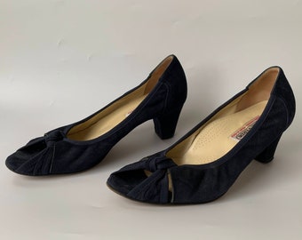 Vintage Peep Toe Shoes Size for Women Size 37 UK 4 US 6, Navy Blue Kitten Heel Shoes, Suede Leather High Heel Sandals, Retro Open Toe Pumps