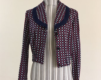 Geometric Diamond Print Blazer, Retro Jersey Knit Jacket, Vintage 70s Bulgarian Cropped Coat in Navy Burgundy Red White European 46 M / L