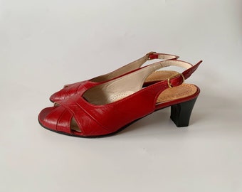 Vintage Red Leather Peep Toe Sandals Size 38, Summer Dressy Leather Sandals for Women, Low Heel Sling Backs, Cut Out Leather Open Toe Shoes