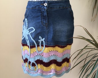Bohemian Blue Denim Skirt, Above The Knee Knit Skirt, Multicolor Striped Boho Skirt, Upcycled Colorful Floral Hippie Skirt