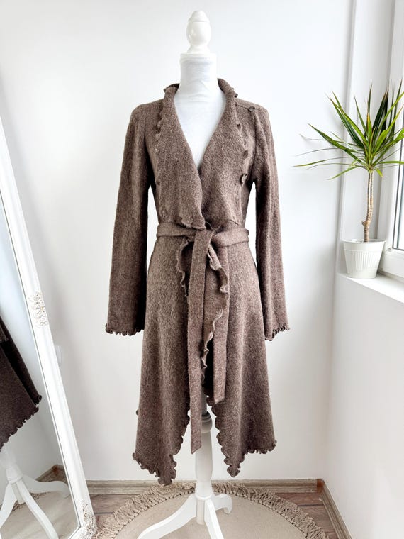 Vintage Alpaca Society Long Wrap Cardigan 100% Baby Alpaca Wool Coat Brown Knit Duster Belted Ruffle Jacket Romantic Boho Fairycore Sweater