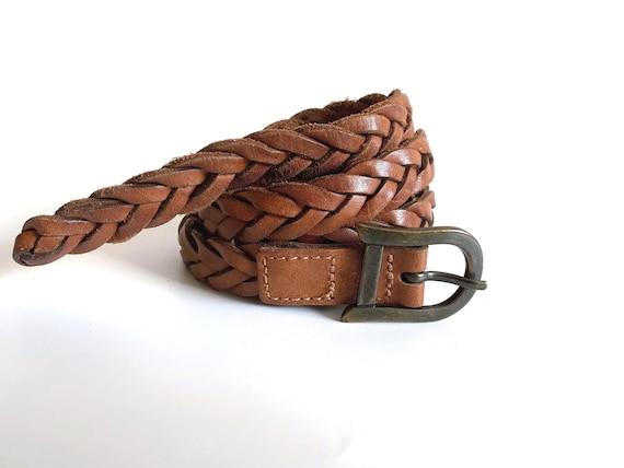 Vintage Braided Leather Belt Women, Thin Brown Woven Belt, 90s Boho Western Belt, Real Leather Waist Belt, Skinny Festival Hippie Belt