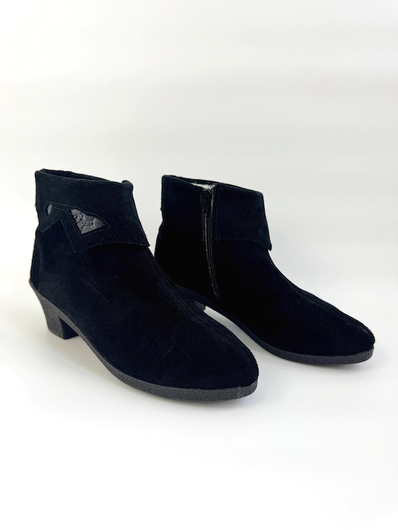 French Vintage Elastomere Black Suede Ankle Boots for Women, Warm Lined Winter Booties, Mid Heel Mod Real Suede Shoes EU 41 US 9.5 UK 7.5