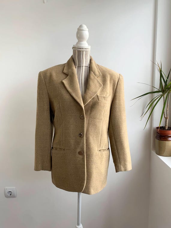 Vintage Italian Wool Blazer Women's Size IT 42/ S, Soli Tenui Made in Italy Camel Brown Textured Jacket, Tan Beige Cropped Coat 70% wool