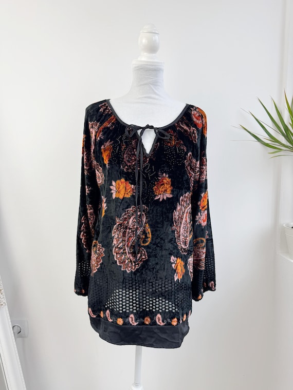 Y2K Boho Burnout Velvet Paisley Tunic, Vintage Tara Long Sleeve Tie Front Floral Blouse, Black & Orange Loose Fit Cut Out Devore Top Size S