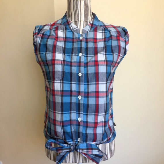 Vintage 90s Blue Button Down Shirt for Women, Cotton Summer Cropped Tie Shirt, Checkered Sleeveless Top,  Casual Button Up Top S Small