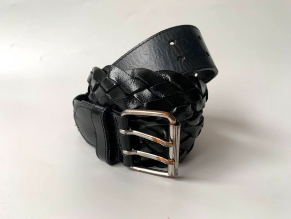 Vintage Real Leather Belt for Women 86- 96 cm 33- 37", Rectangle Buckle Black Leather Belt, Boho Woven Waist Belt, Waist Cinch Jeans Belt
