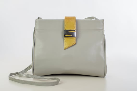 Grey and Gold Shoulder Purse, Genuine Leather Bag, 80s Handbag, Vintage Small Crossbody Bag, Slim Clutch Wallet, Retro Purse Removable Strap