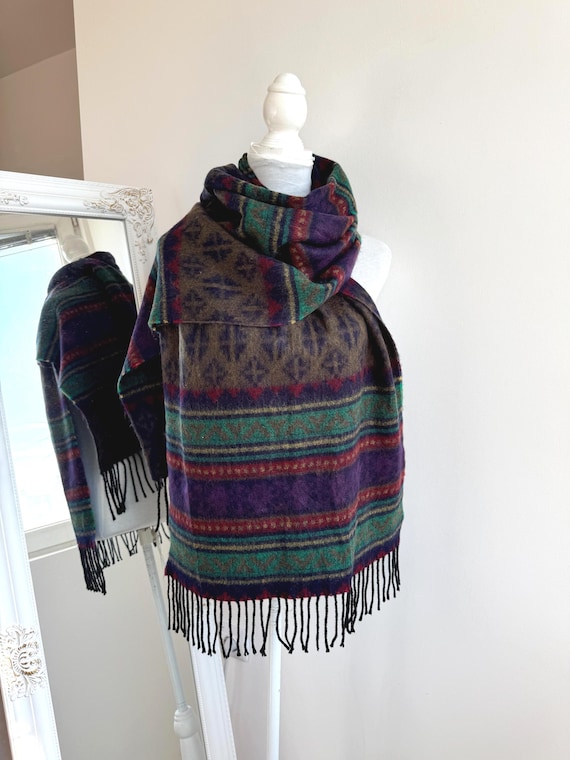 Vintage 90s Tribal Folk Fluffy Scarf, Purple Burgundy Green Blue Aztec Geometric Cozy Winter Wrap, Long Wide Boho Acrylic Oversized Shawl