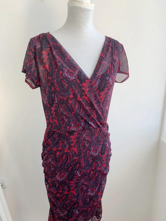Vintage MEXX Y2K Bodycon Wrap Style Dress Size L, 90s Purple Red Paisley Print Ruched Midi Dress, Retro Stretchy Slim Fit Party Dress