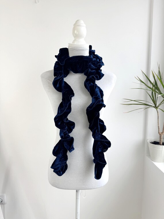 Navy Blue Velvet Ruffle Scarf, Vintage Ruched Neck Warmer, Romantic Victorian Style Skinny Scarf, Soft Winter Accessory, Long Choker Scarf