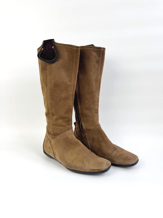 Vintage 90s Fratelli Rossetti Flexa Boho Suede Tall Boots, Camel Brown Leather Flat Riding Boots Made in Italy Women Size EU 38.5 US 8 UK 6