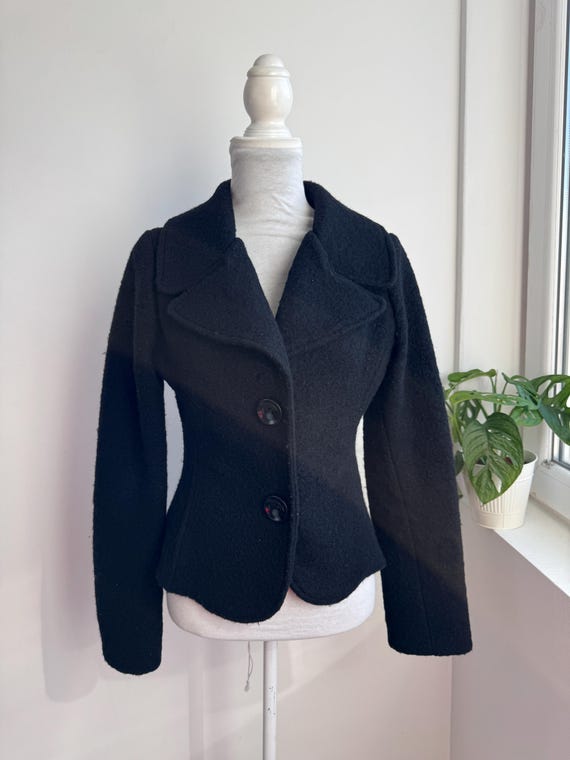 Vintage RINASCIMENTO Black Boiled Wool Blazer Style Cardigan Jacket, Wide Lapel Fuzzy Knit Cropped Coat Made in Italy Fits Women's Size M