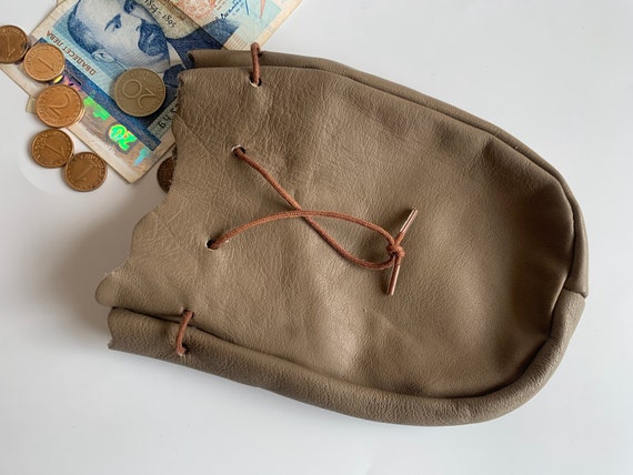 Soft Leather Drawstring Coin Pouch, Taupe Grey Small Genuine Leather Wallet, Vintage Boho Miniature Purse, Soviet Era Tiny Money Pouch