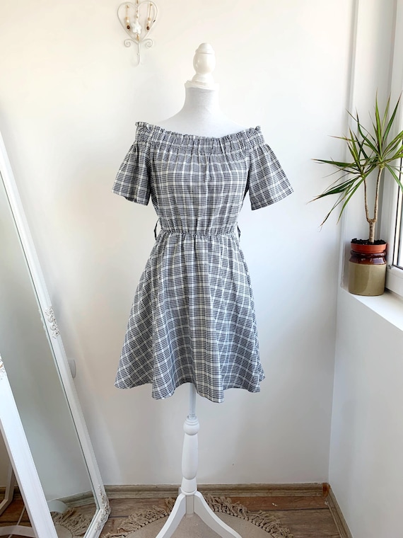 Vintage Black and White Summer Dress With Circle Skirt Size S, 90s Cotton Cottagecore Dress, Checkered Modest Dress, Tea Party Day Dress