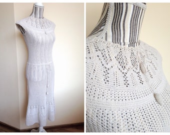 Ecru Crochet Dress, Off White Doily Lace Dress, 70s Cotton Midi Dress, Cream Boho Dress, Bohemian Wedding Dress, Fitted Sheath Dress XS