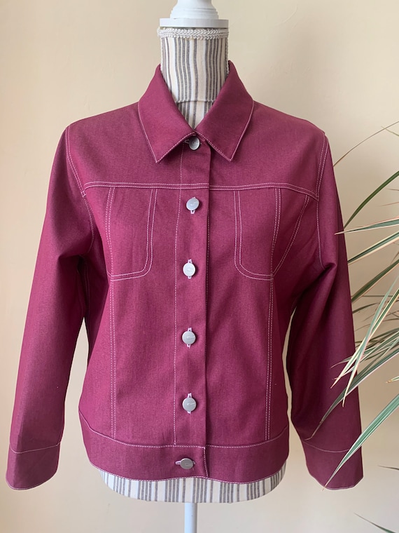 Vintage Lightweight Cropped Jacket for Women Size M, 90s Raspberry Purple Coat, Collared Button Up Shirt, Solid Color Spring Summer Jacket