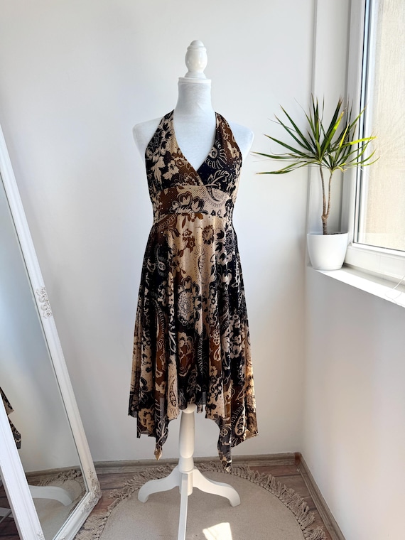 Vintage Y2K Halter Dress Made in France, Brown Beige Paisley Mesh Asymmetrical Hanky Hem Midi Dress, Audition Sequin Glitter Summer Dress M